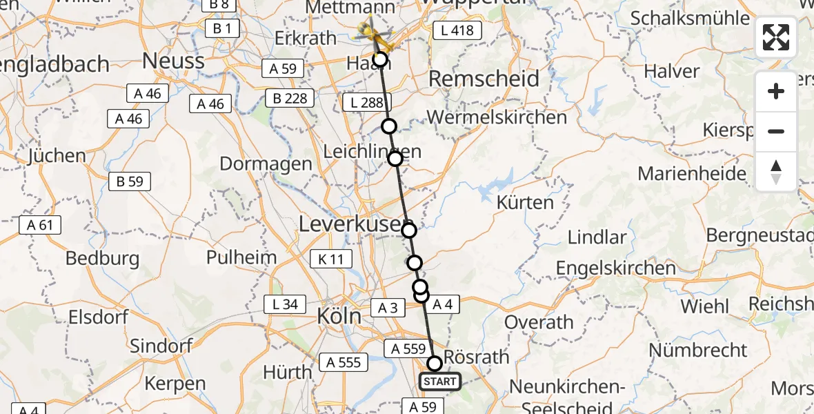 Flugroute Rettungshubschrauber Köln Bonn Flughafen - Haan, 05 April 2026, 08:11