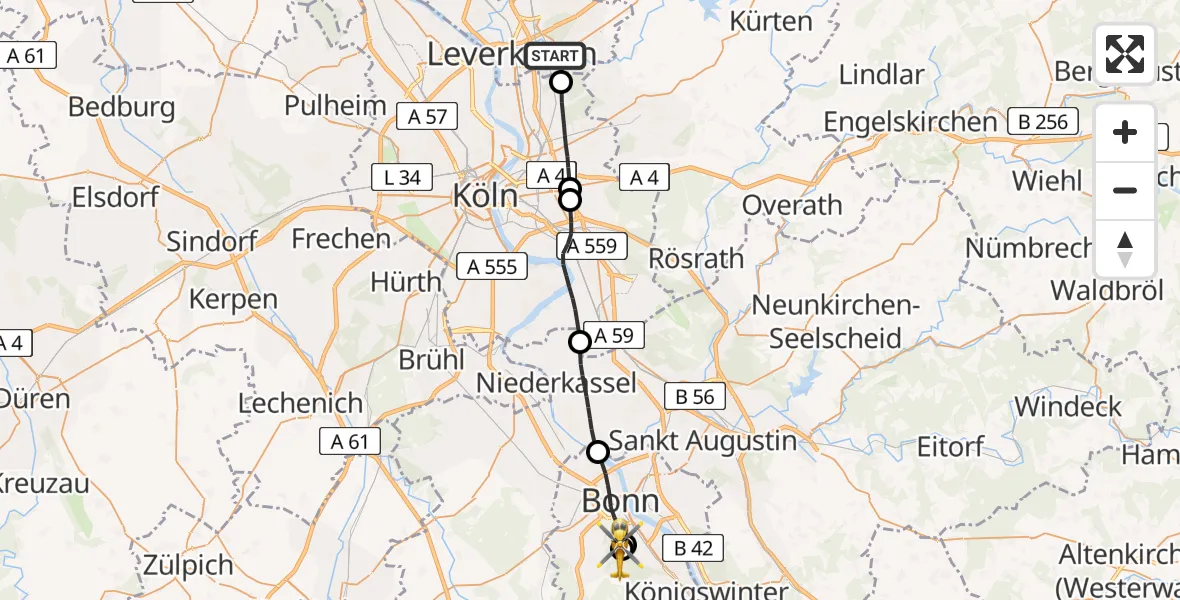 Flugroute Ambulanzhubschrauber Leverkusen - Bonn University Hospital, 05 April 2026, 08:14