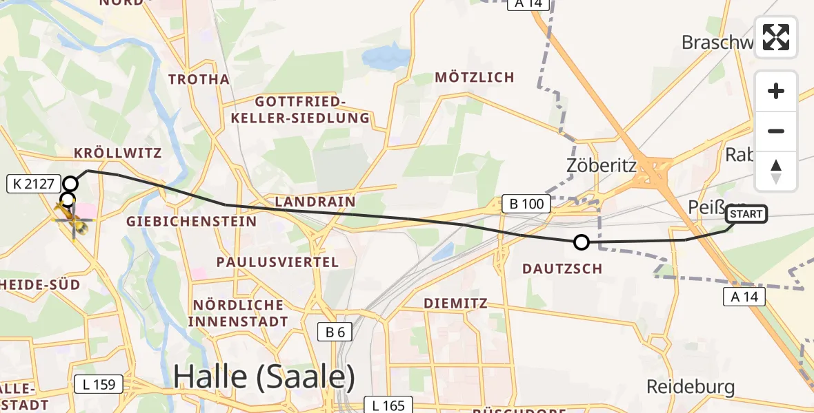 Flugroute Ambulanzhubschrauber Landsberg - Halle (Saale) University Hospital, 05 April 2026, 08:17