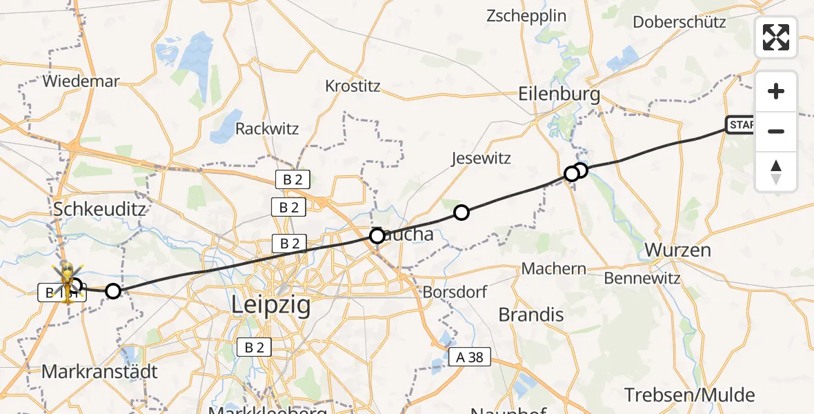 Routekaart van de vlucht: Rettungshubschrauber nach ADAC Air Rescue Station Leipzig/Schkeuditz-Dölzig Hubschrauberlandeplatz (Christoph 61)