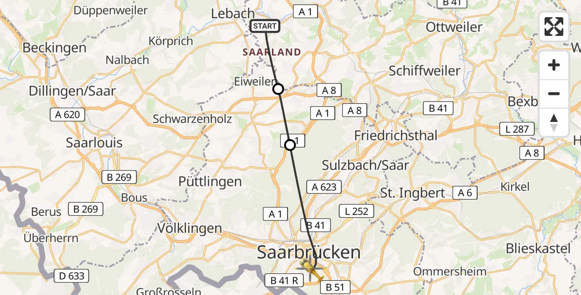 Flugroute Rettungshubschrauber Eppelborn - Saarbrücken, 05 April 2026, 08:40