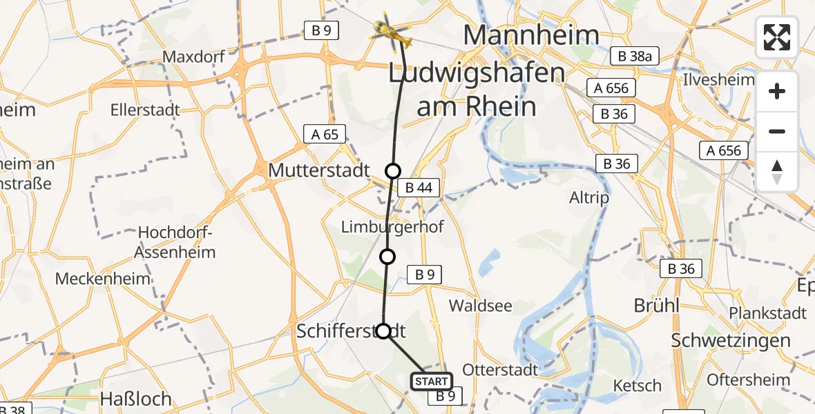 Flugroute Rettungshubschrauber Speyer - Ludwigshafen Accident Hospital Hubschrauberlandeplatz, 05 April 2026, 08:47