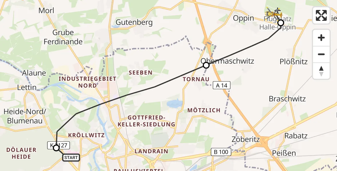 Flugroute Ambulanzhubschrauber Halle (Saale) University Hospital - Halle-Oppin Flugplatz, 05 April 2026, 08:50