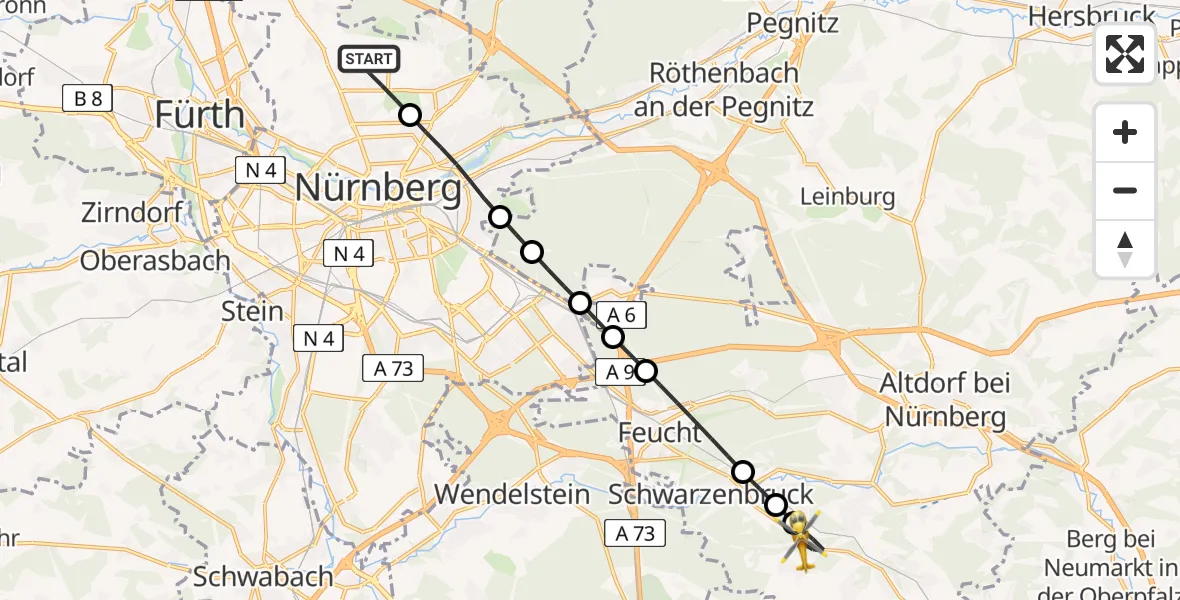 Flugroute Rettungshubschrauber Flughafen Nuremberg - Schwarzenbruck, 05 April 2026, 08:51