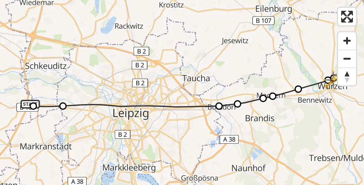 Flugroute Rettungshubschrauber ADAC Air Rescue Station Leipzig/Schkeuditz-Dölzig Hubschrauberlandeplatz (Christoph 61) - Wurzen, 05 April 2026, 09:32