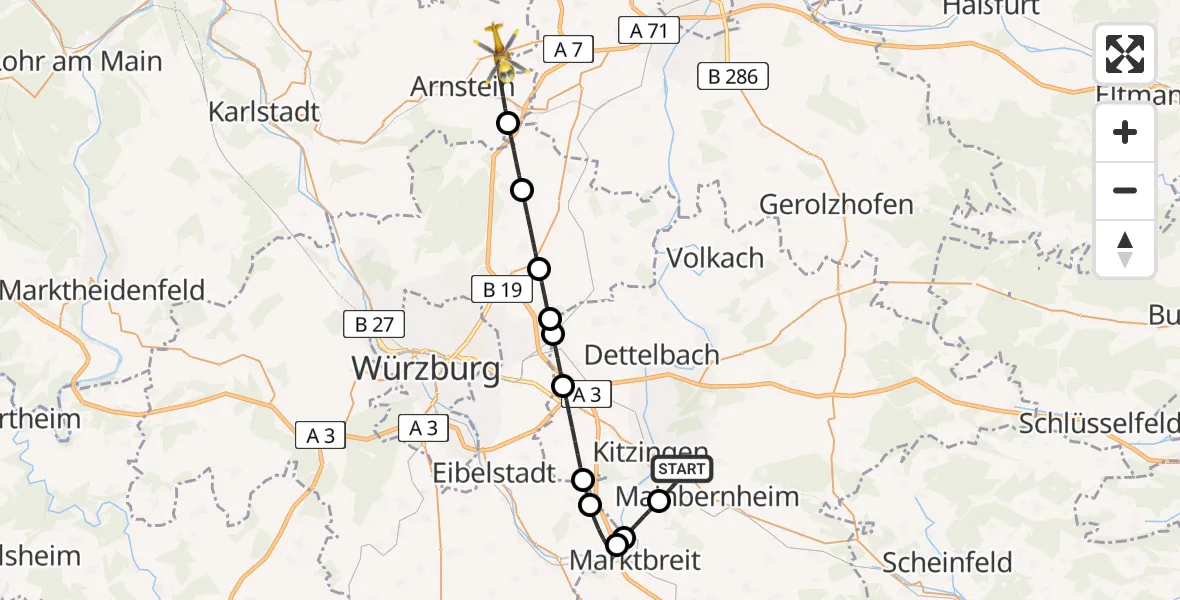 Flugroute Rettungshubschrauber Kitzingen - Arnstein, 05 April 2026, 09:33