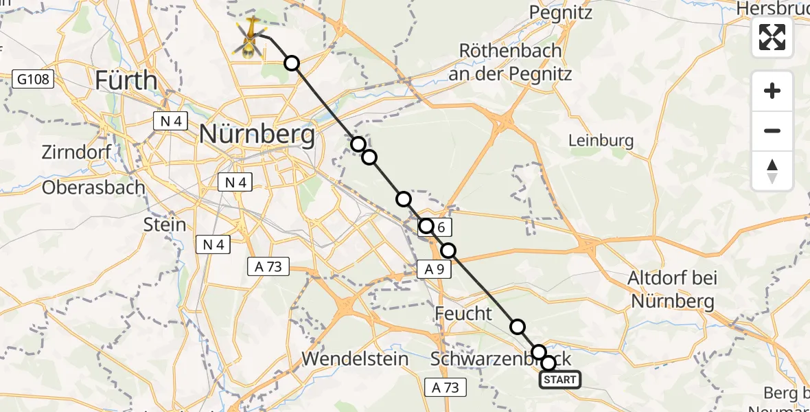 Flugroute Rettungshubschrauber Schwarzenbruck - Flughafen Nuremberg, 05 April 2026, 09:44