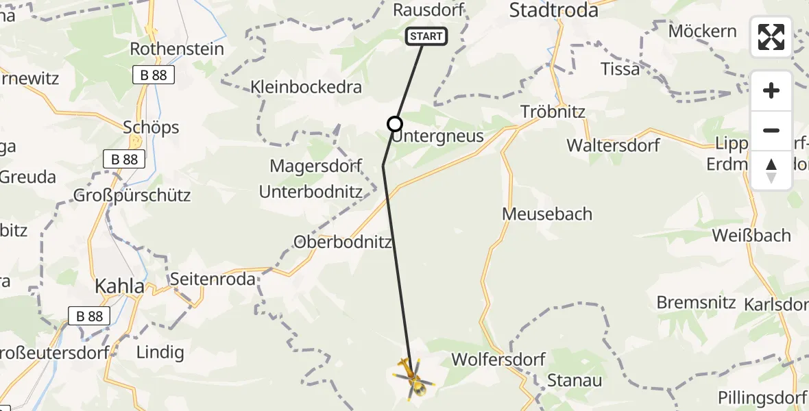 Flugroute Rettungshubschrauber Rausdorf - Trockenborn-Wolfersdorf, 05 April 2026, 09:46