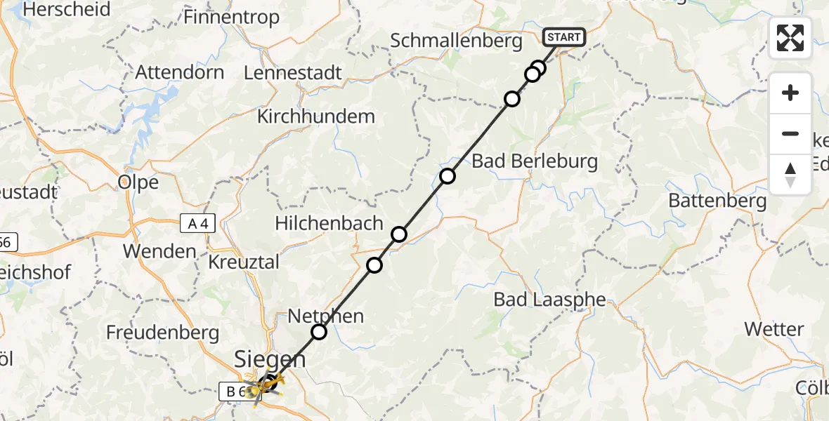 Flugroute Rettungshubschrauber Schmallenberg - Evangelisches Jung-Stilling Hospital, 05 April 2026, 09:50