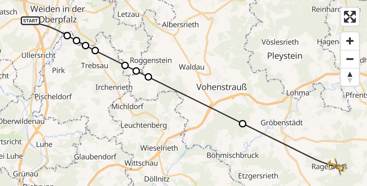 Flugroute Rettungshubschrauber Weiden i.d.OPf. - Moosbach, 05 April 2026, 10:00