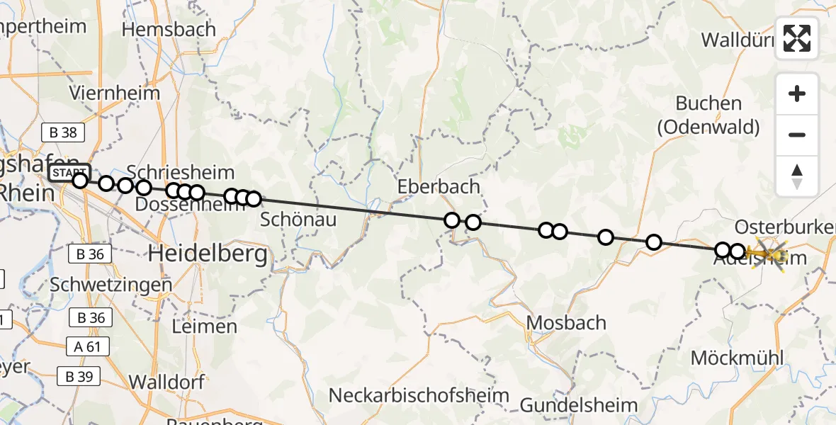 Flugroute Rettungshubschrauber Mannheim-City Flughafen - Adelsheim, 05 April 2026, 10:09