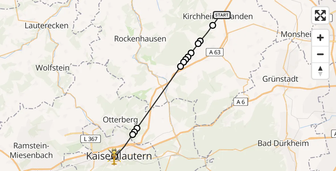 Flugroute Rettungshubschrauber Kirchheimbolanden - Westpfalz Hospital Kaiserslautern, 05 April 2026, 10:10