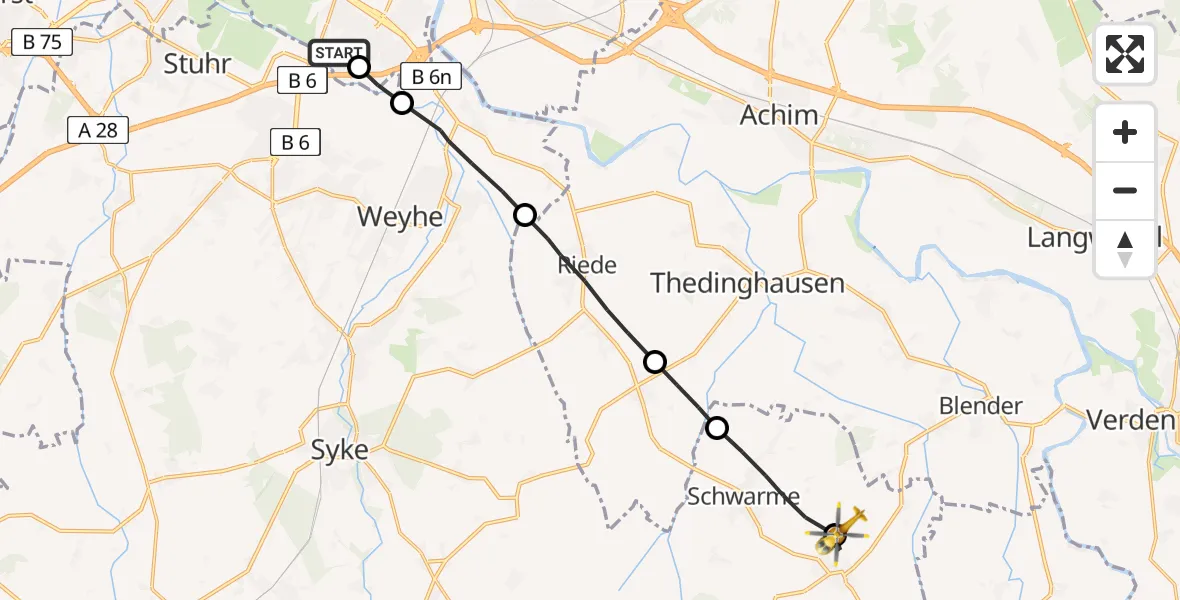 Flugroute Rettungshubschrauber ADAC Air Rescue Station Bremen Hubschrauberlandeplatz (Christoph 6) - Martfeld, 05 April 2026, 10:19