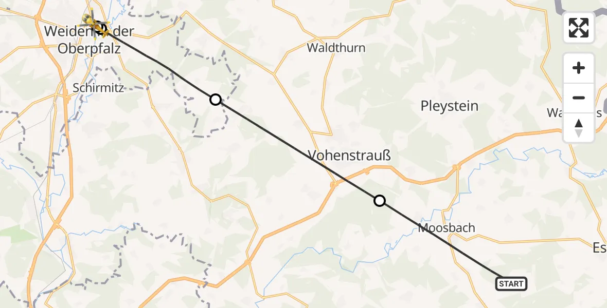 Flugroute Rettungshubschrauber Moosbach - Weiden Hospital, 05 April 2026, 10:31