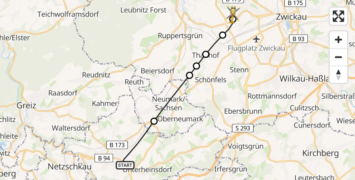 Flugroute Rettungshubschrauber Reichenbach im Vogtland - ADAC Air Rescue Station Zwickau Hubschrauberlandeplatz, 05 April 2026, 10:33