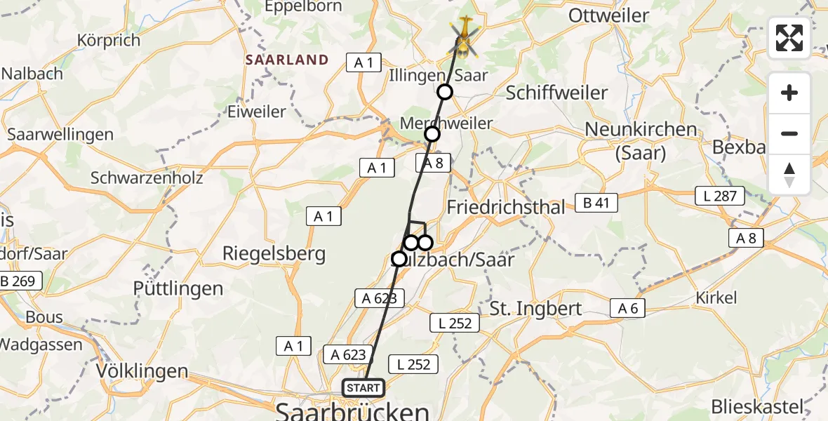 Flugroute Rettungshubschrauber Saarbrücken - Illingen, 05 April 2026, 10:44