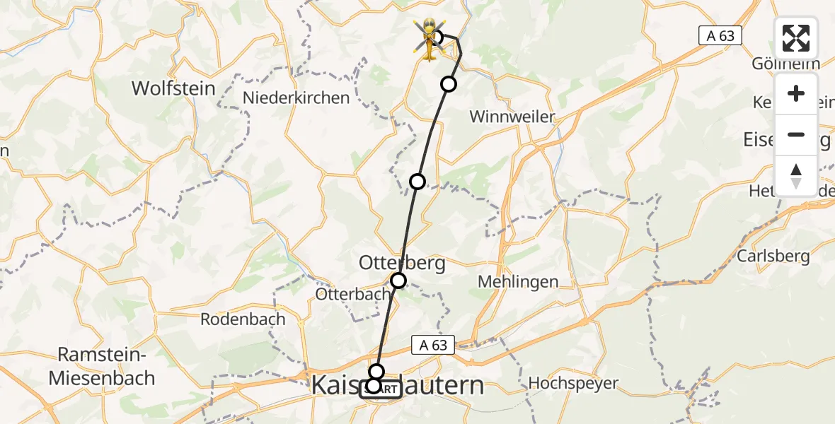 Flugroute Rettungshubschrauber Westpfalz Hospital Kaiserslautern - Imsweiler UL, 05 April 2026, 10:49