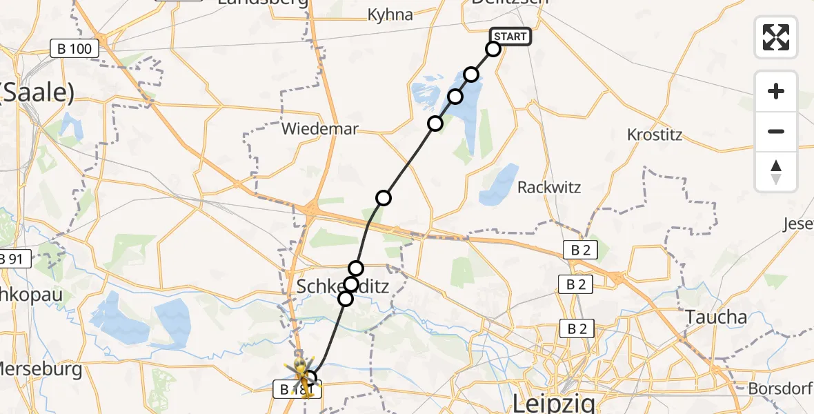 Flugroute Rettungshubschrauber Delitzsch - ADAC Air Rescue Station Leipzig/Schkeuditz-Dölzig Hubschrauberlandeplatz (Christoph 61), 05 April 2026, 10:54