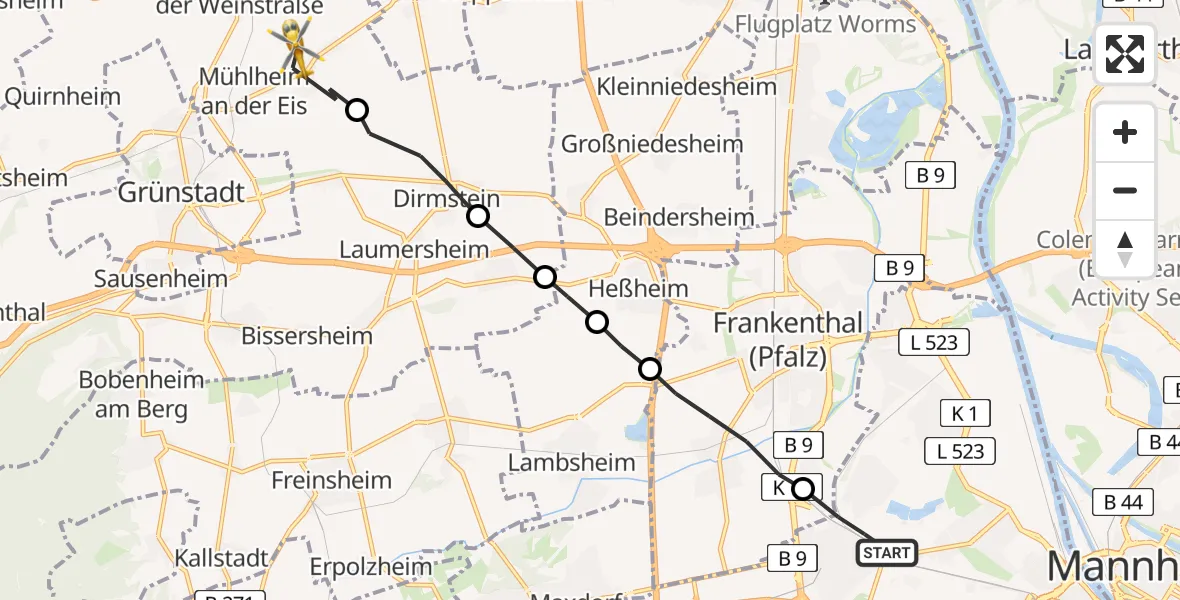 Flugroute Rettungshubschrauber Ludwigshafen am Rhein - Obrigheim (Pfalz), 05 April 2026, 11:00