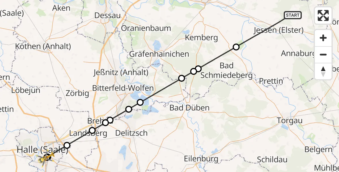 Flugroute Ambulanzhubschrauber Jessen (Elster) - BG Hospital Bergmannstrost Halle, 05 April 2026, 11:14