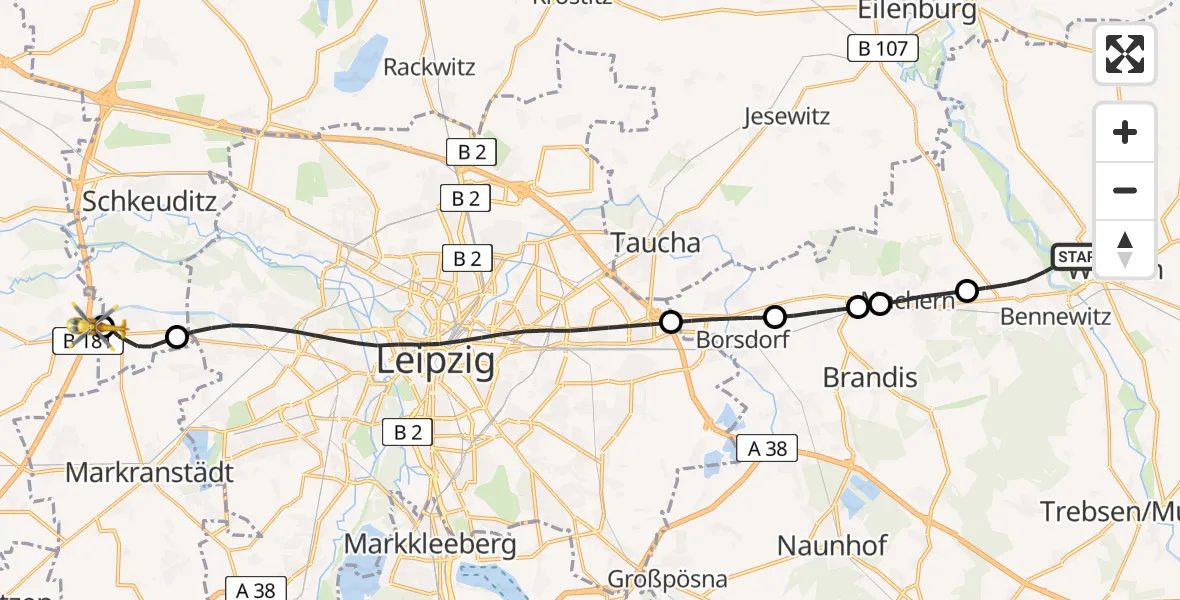 Flugroute Rettungshubschrauber Bennewitz - ADAC Air Rescue Station Leipzig/Schkeuditz-Dölzig Hubschrauberlandeplatz (Christoph 61), 05 April 2026, 11:26
