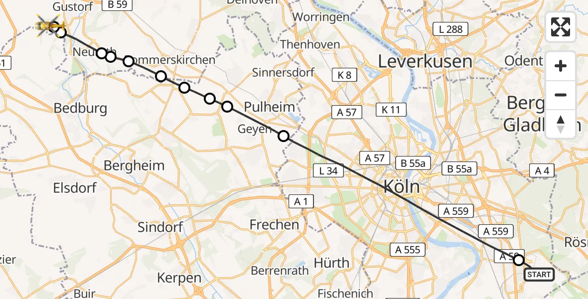 Flugroute Rettungshubschrauber Köln Bonn Flughafen - Grevenbroich, 05 April 2026, 11:33