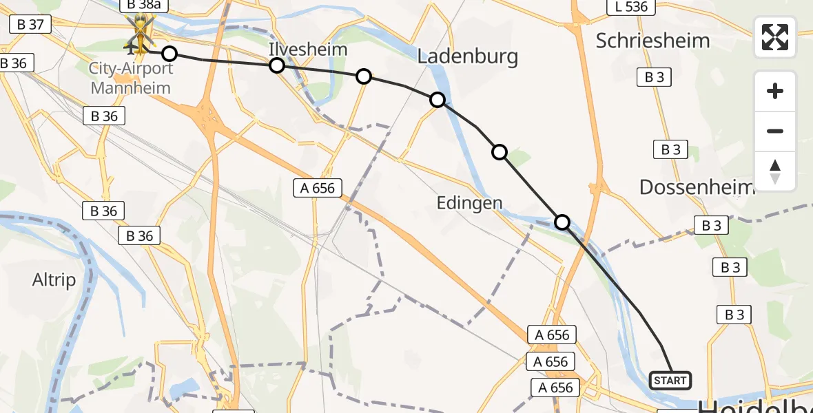 Flugroute Rettungshubschrauber Heidelberg - Mannheim-City Flughafen, 05 April 2026, 11:35