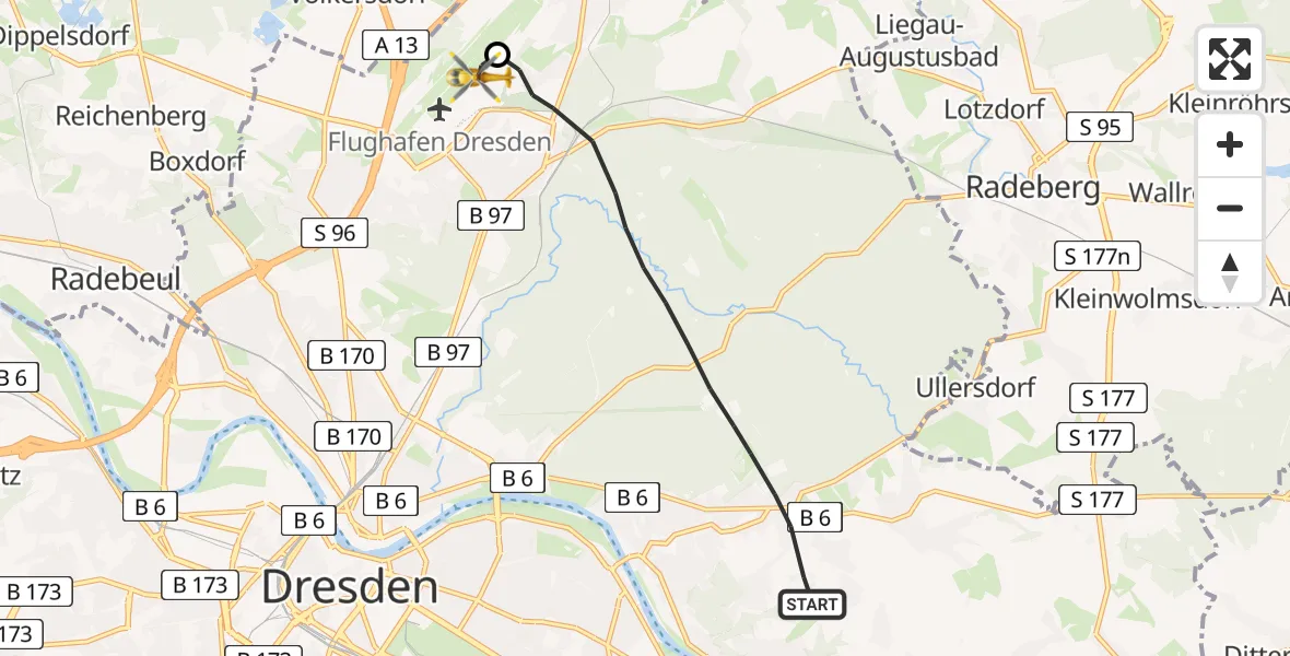 Flugroute Rettungshubschrauber Dresden - Dresden Bundespolizei Hubschrauberlandeplatz, 05 April 2026, 11:42