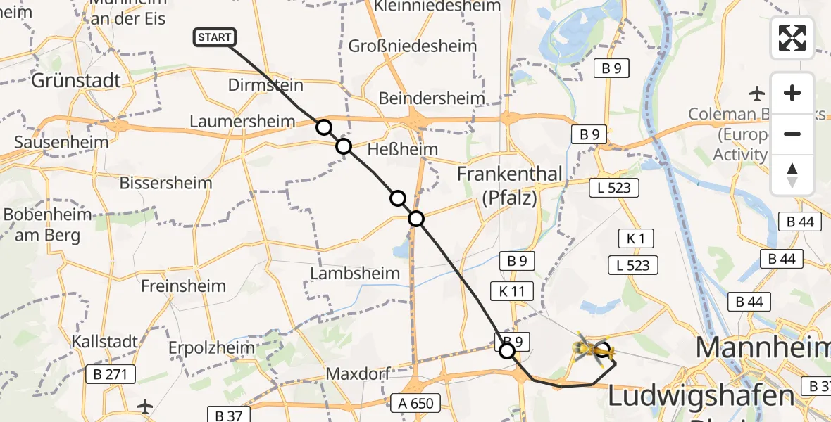 Flugroute Rettungshubschrauber Dirmstein - Ludwigshafen Accident Hospital, 05 April 2026, 11:44