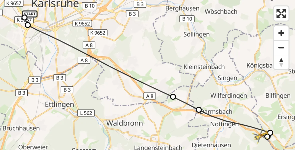 Flugroute Rettungshubschrauber Sankt Vincentius Hospital - Remchingen, 05 April 2026, 11:59