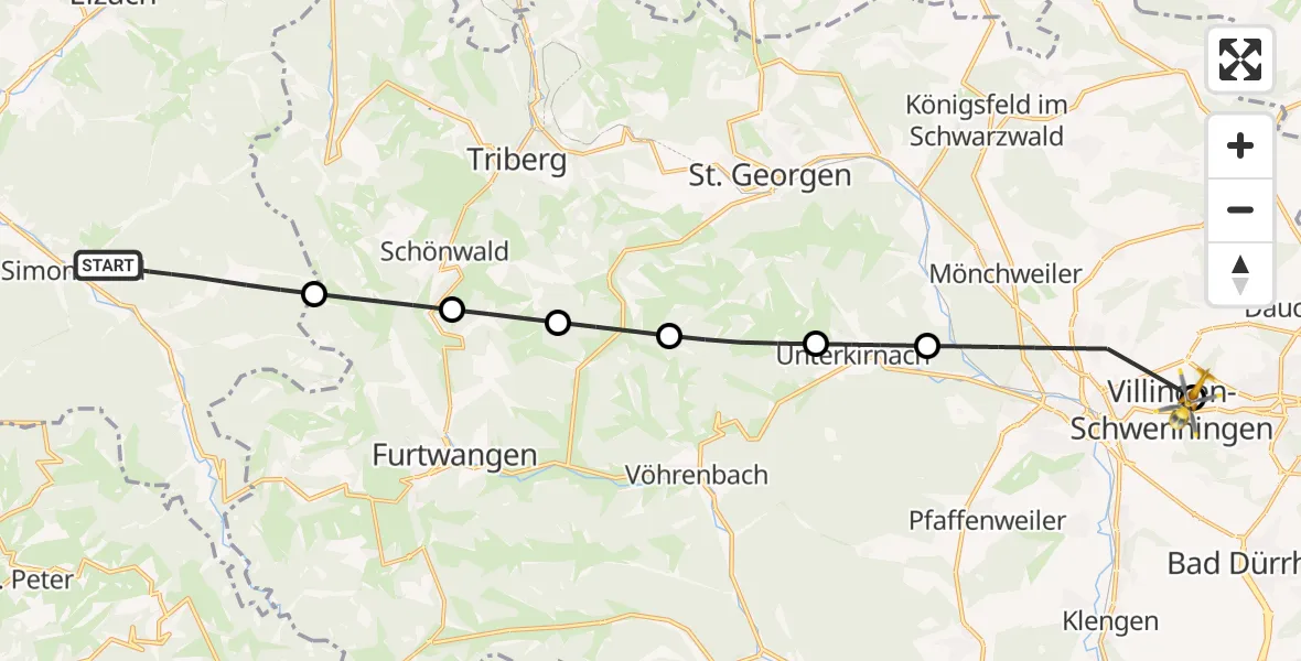 Flugroute Rettungshubschrauber Simonswald - DRF Air Rescue Station Villingen-Schwenningen Hubschrauberlandeplatz (Christoph 11), 05 April 2026, 12:02
