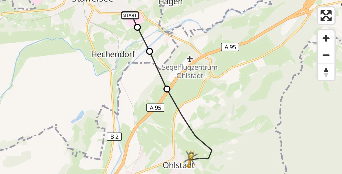 Flugroute Rettungshubschrauber Murnau Accident Hospital - Ohlstadt, 05 April 2026, 12:15