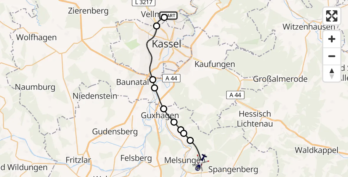 Flugroute Polizeihubschrauber Fuldatal Bundespolizei Hubschrauberlandeplatz - Melsungen, 05 April 2026, 12:18