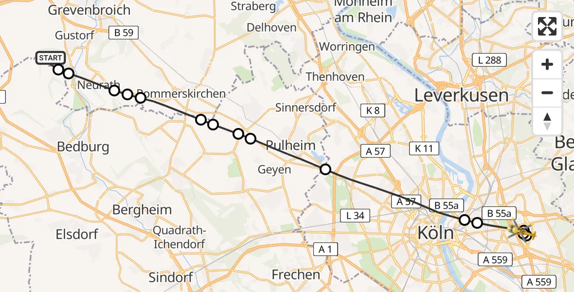 Flugroute Rettungshubschrauber Grevenbroich - Merheim Hospital, 05 April 2026, 12:19