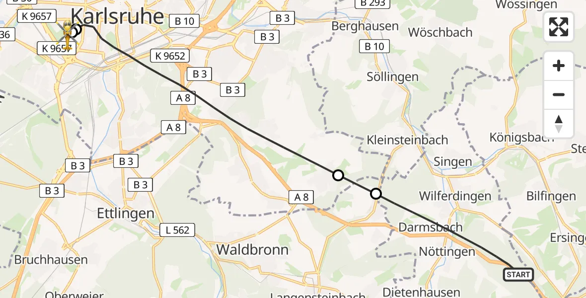 Flugroute Rettungshubschrauber Remchingen - Sankt Vincentius Hospital, 05 April 2026, 12:25