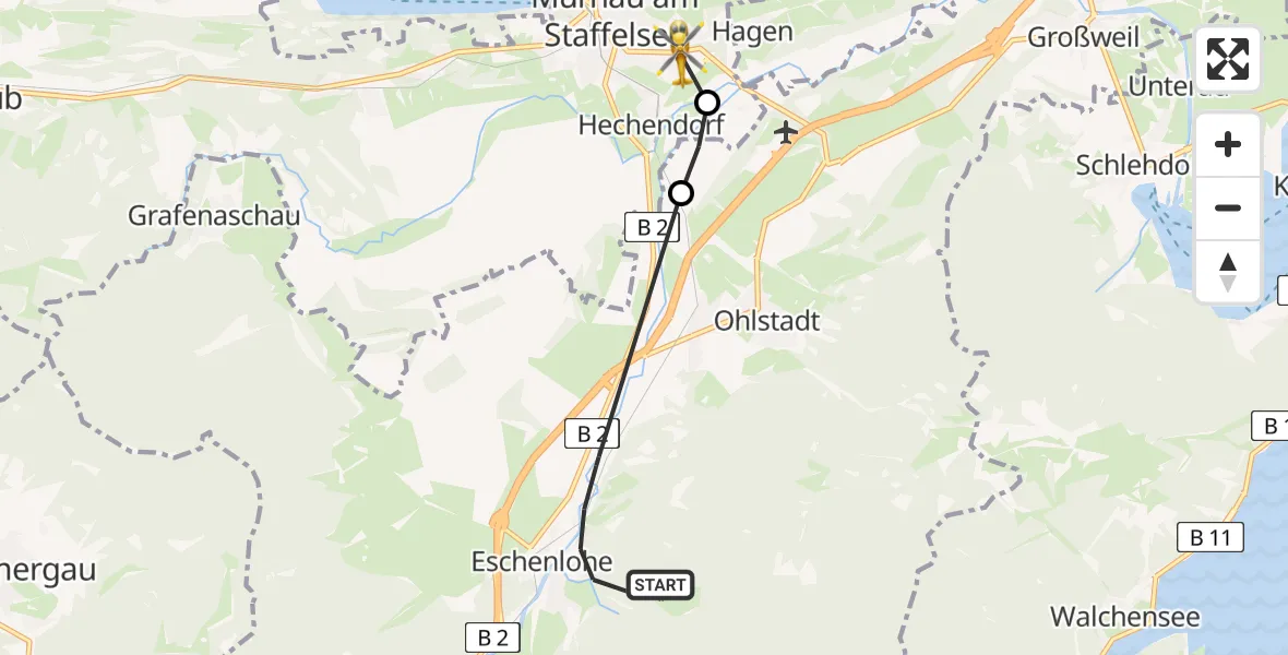 Flugroute Rettungshubschrauber Eschenlohe - Murnau Accident Hospital, 05 April 2026, 12:25