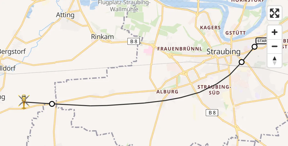 Flugroute Rettungshubschrauber Sankt Elisabeth Hospital Straubing - Perkam, 05 April 2026, 12:29