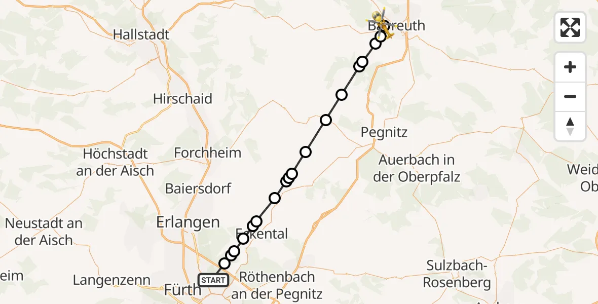 Flugroute Ambulanzhubschrauber Flughafen Nuremberg - Bayreuth Hospital, 05 April 2026, 12:30