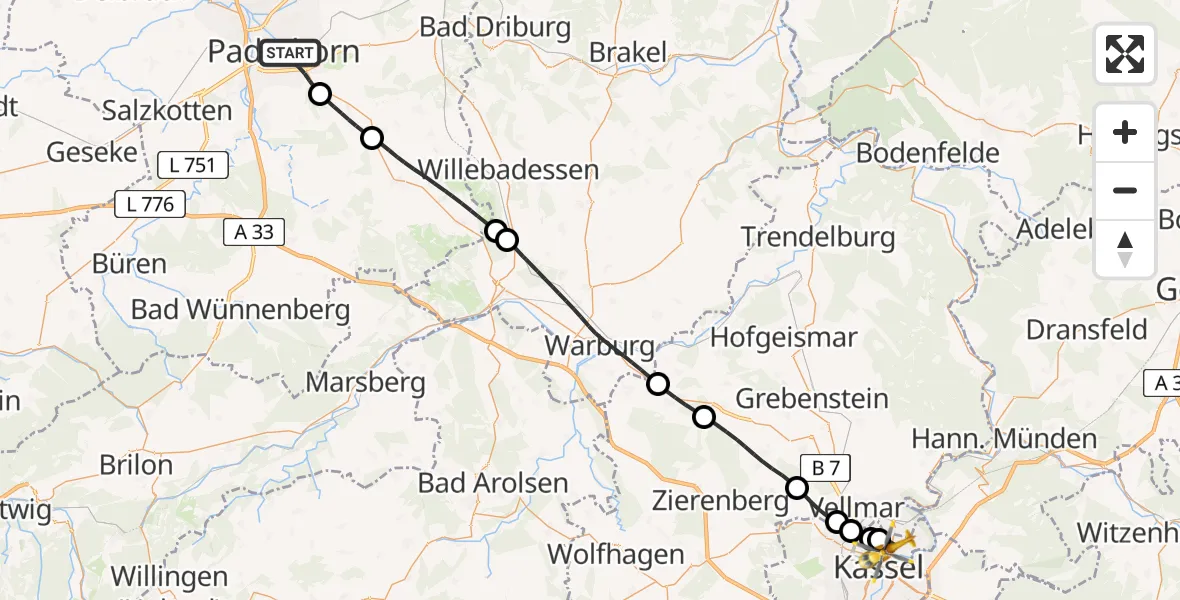 Flugroute Rettungshubschrauber Paderborn - Kassel, 05 April 2026, 12:29
