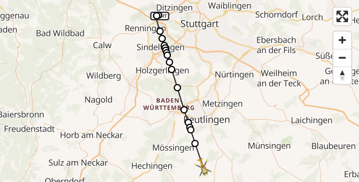 Flugroute Rettungshubschrauber Leonberg Hospital - Sonnenbühl, 05 April 2026, 12:52