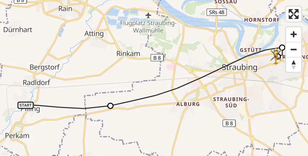 Flugroute Rettungshubschrauber Perkam - Sankt Elisabeth Hospital Straubing, 05 April 2026, 12:57