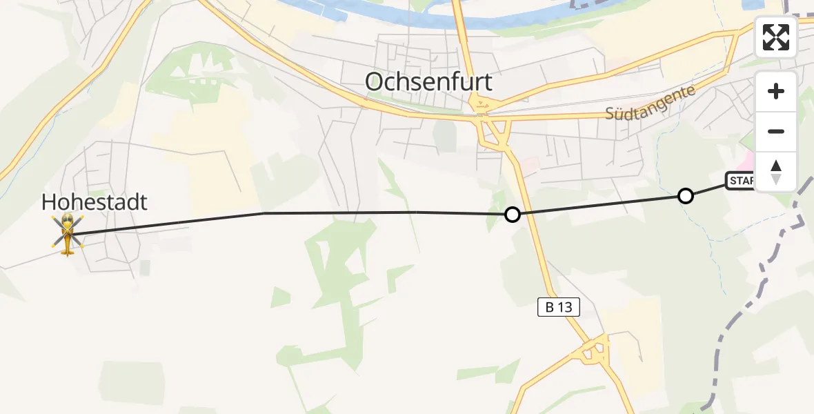 Flugroute Rettungshubschrauber Ochsenfurt Hospital - Ochsenfurt, 05 April 2026, 13:00
