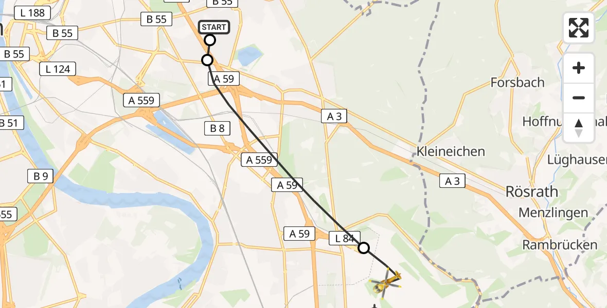 Flugroute Rettungshubschrauber Merheim Hospital - Köln Bonn Flughafen, 05 April 2026, 13:05