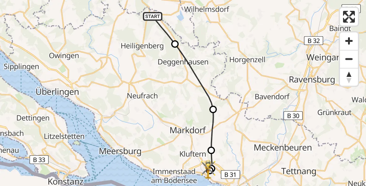 Flugroute Rettungshubschrauber Heiligenberg - Friedrichshafen Hospital, 05 April 2026, 13:14