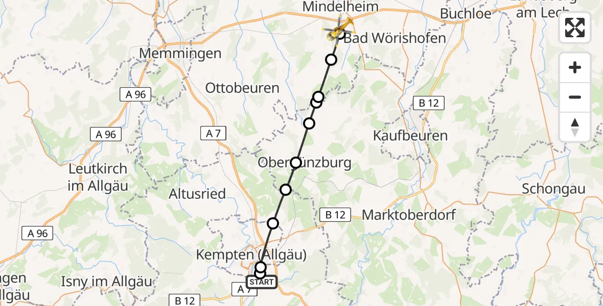 Flugroute Rettungshubschrauber Kempten-Durach Flugplatz - Apfeltrach, 05 April 2026, 13:24