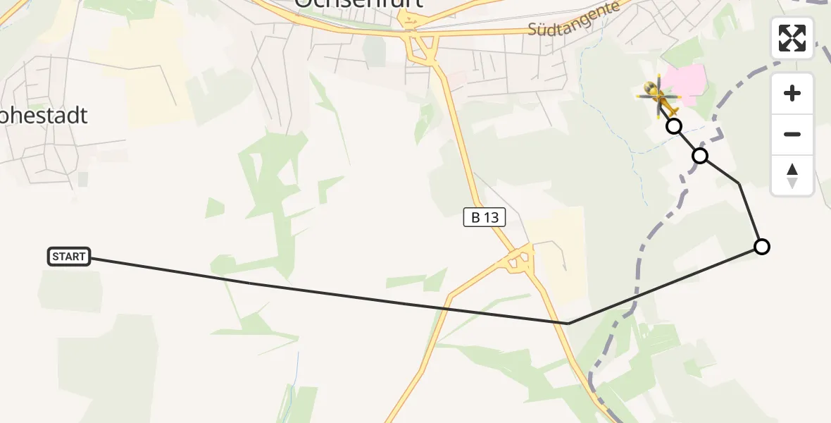 Flugroute Rettungshubschrauber Ochsenfurt - Ochsenfurt Hospital, 05 April 2026, 13:30