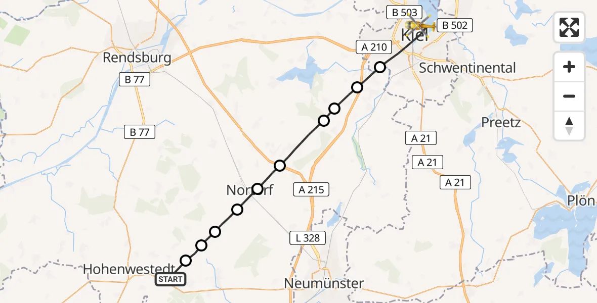 Flugroute Rettungshubschrauber Aukrug - Kiel, 05 April 2026, 13:32