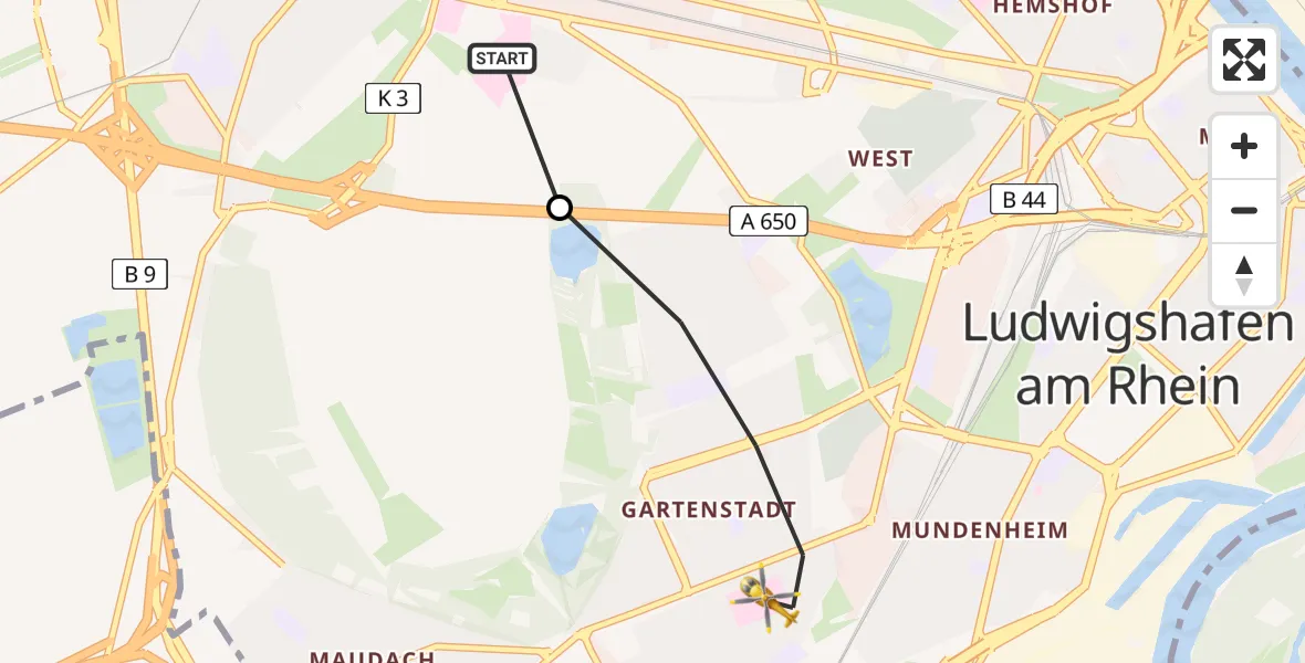 Flugroute Rettungshubschrauber Ludwigshafen Accident Hospital - Ludwigshafen am Rhein, 05 April 2026, 13:33