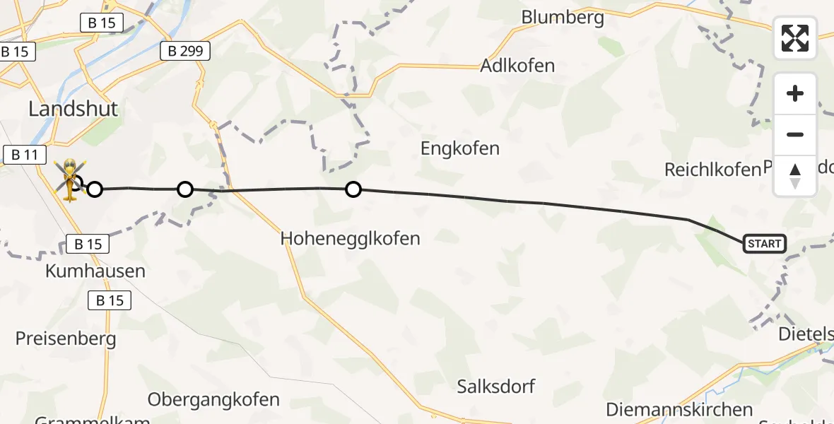 Flugroute Rettungshubschrauber Adlkofen - Lakumed Hospital Landshut-Achdorf, 05 April 2026, 13:34