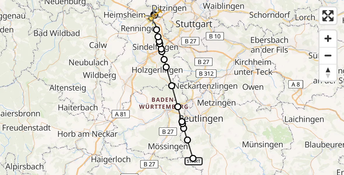 Flugroute Rettungshubschrauber Burladingen - Leonberg Hospital, 05 April 2026, 13:37